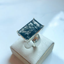 Load image into Gallery viewer, Tourmalinated Quartz Medium Rectangle Cut Four-Prong-Set Ring - US 9
