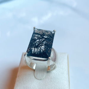 Tourmalinated Quartz Medium Rectangle Cut Four-Prong-Set Ring - US 9